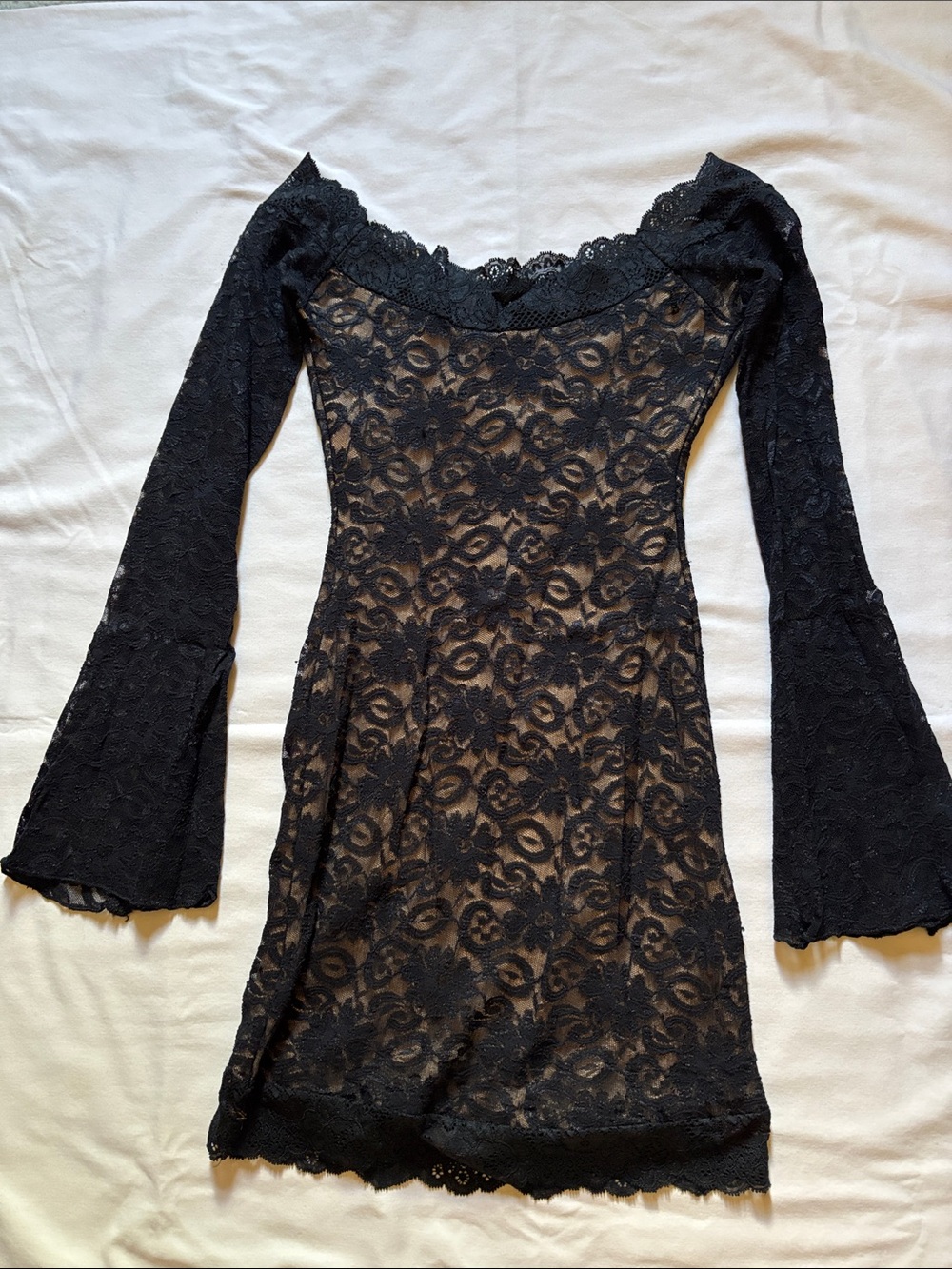 Shirley of Hollywood Black Lace Off-Shoulder Dress with Bell Sleeves